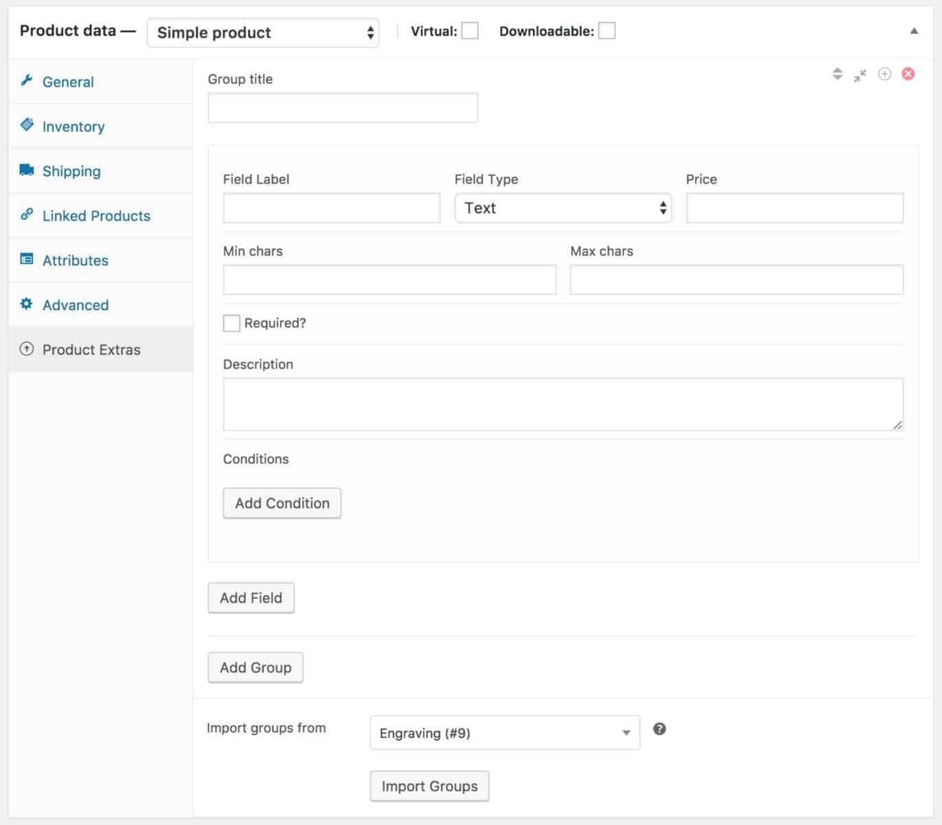 Custom fields product add-ons settings