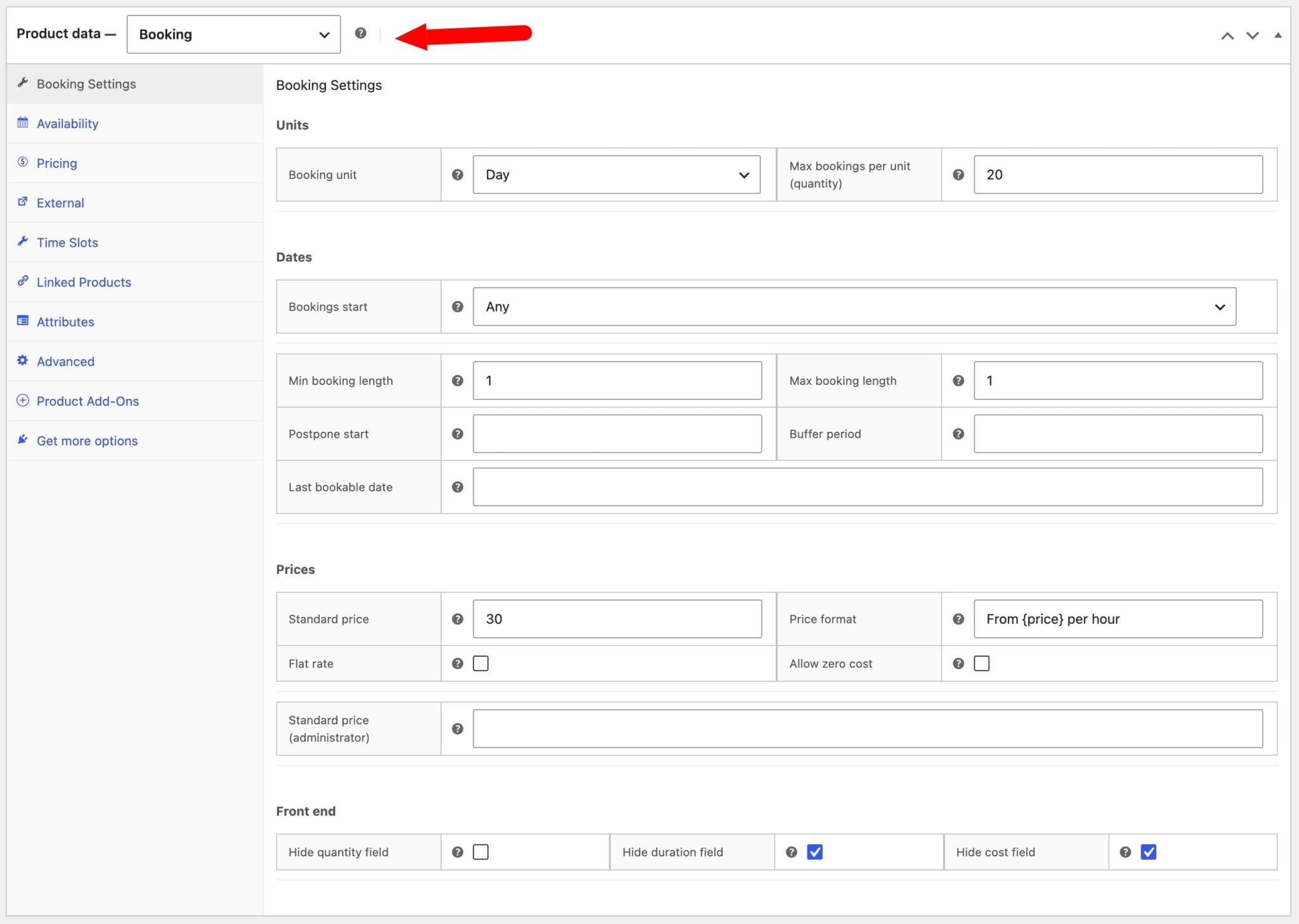 Bookings for WooCommerce booking settings page