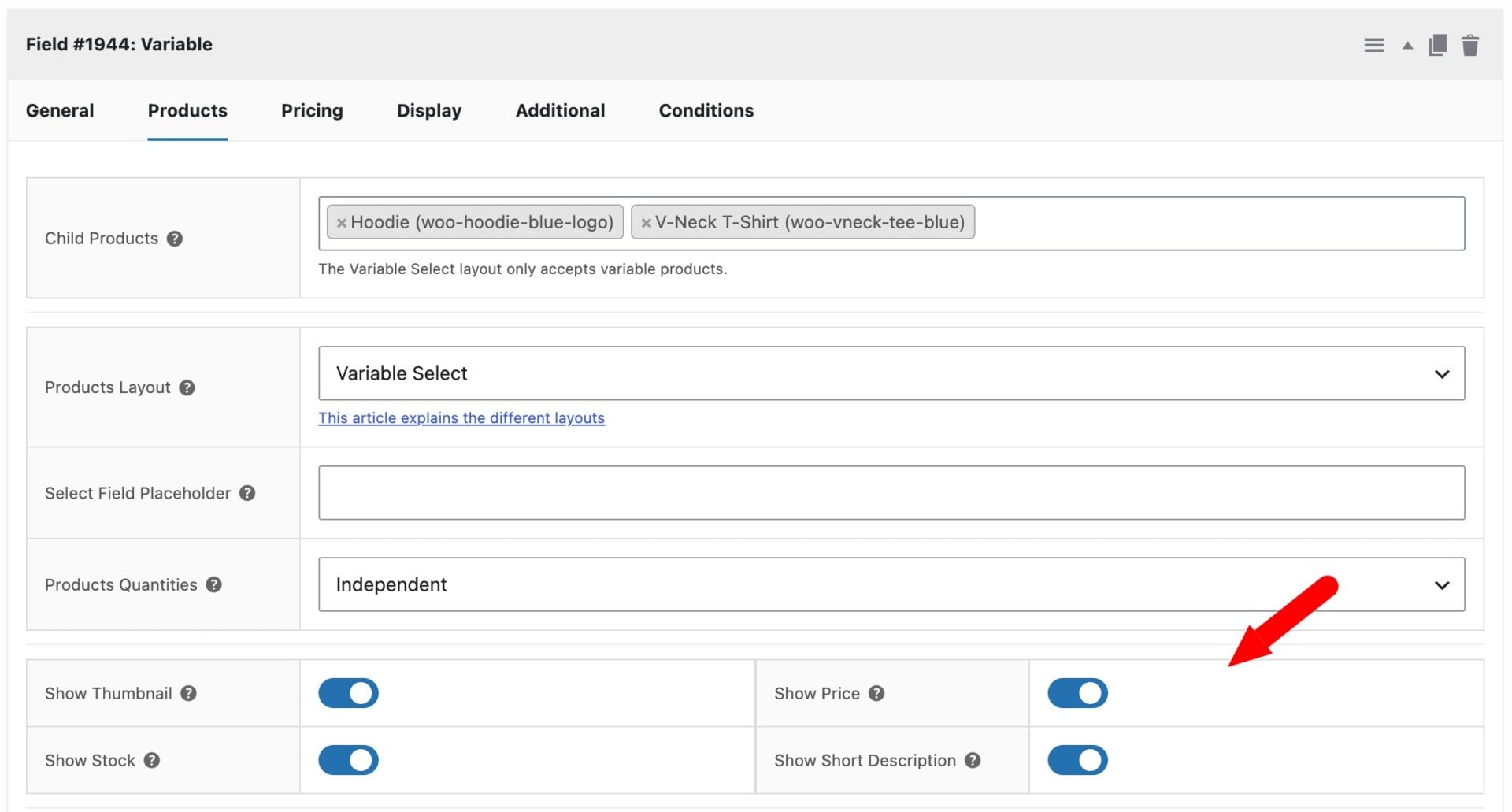 Show thumbnail and other product data settings