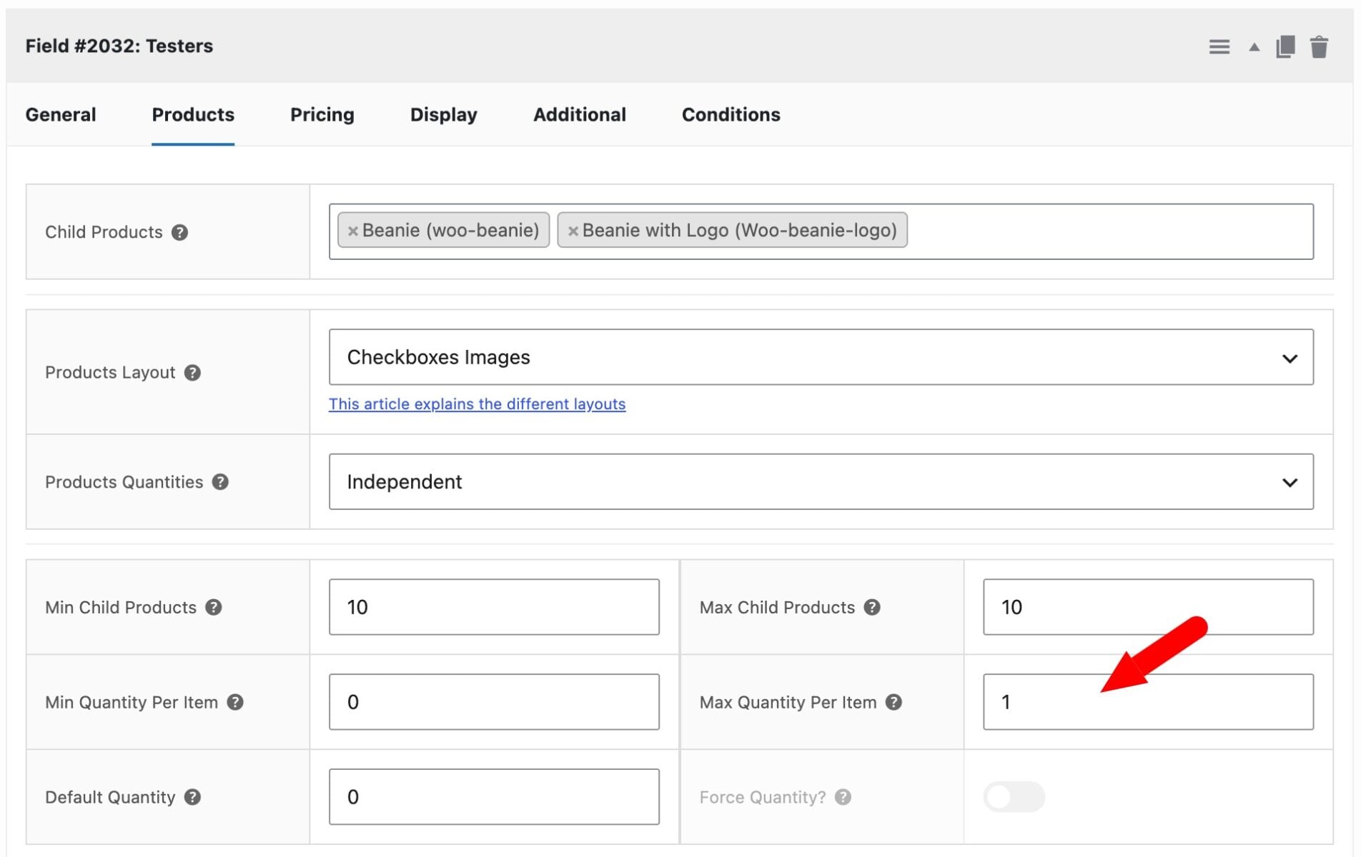 Settings for minimum and maximum quantity per item