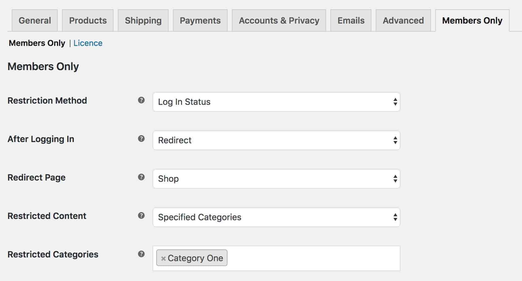 WooCommerce protected categories settings