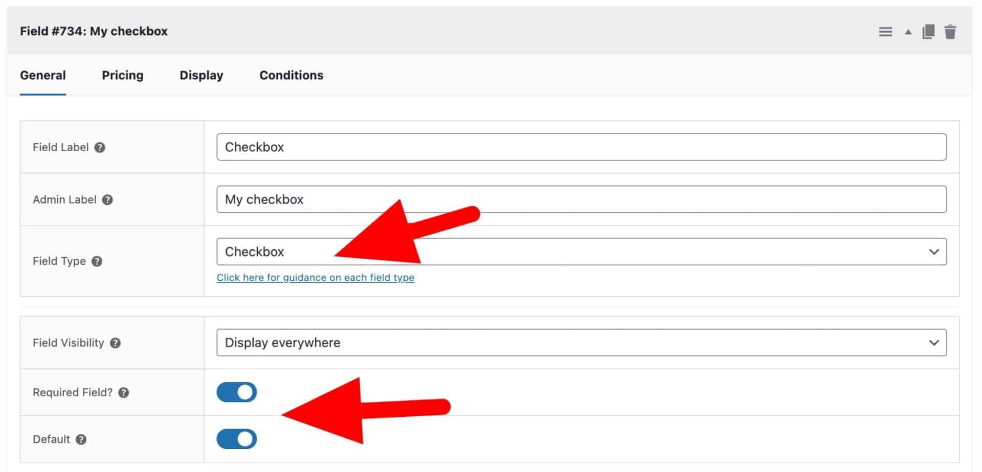 General settings for a checkbox field