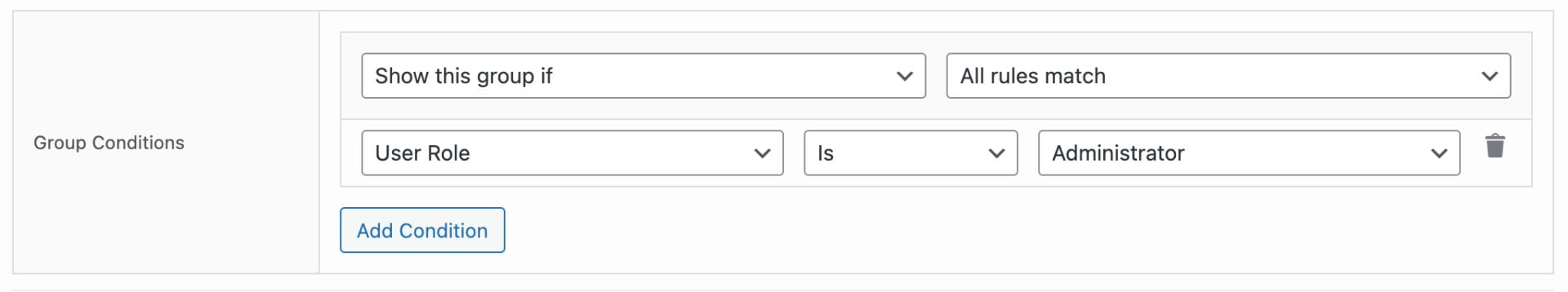 Setting for group condition on user rule