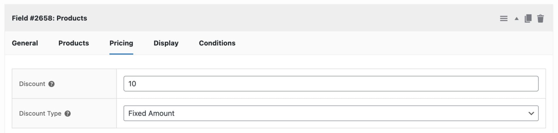 Products field Pricing tab
