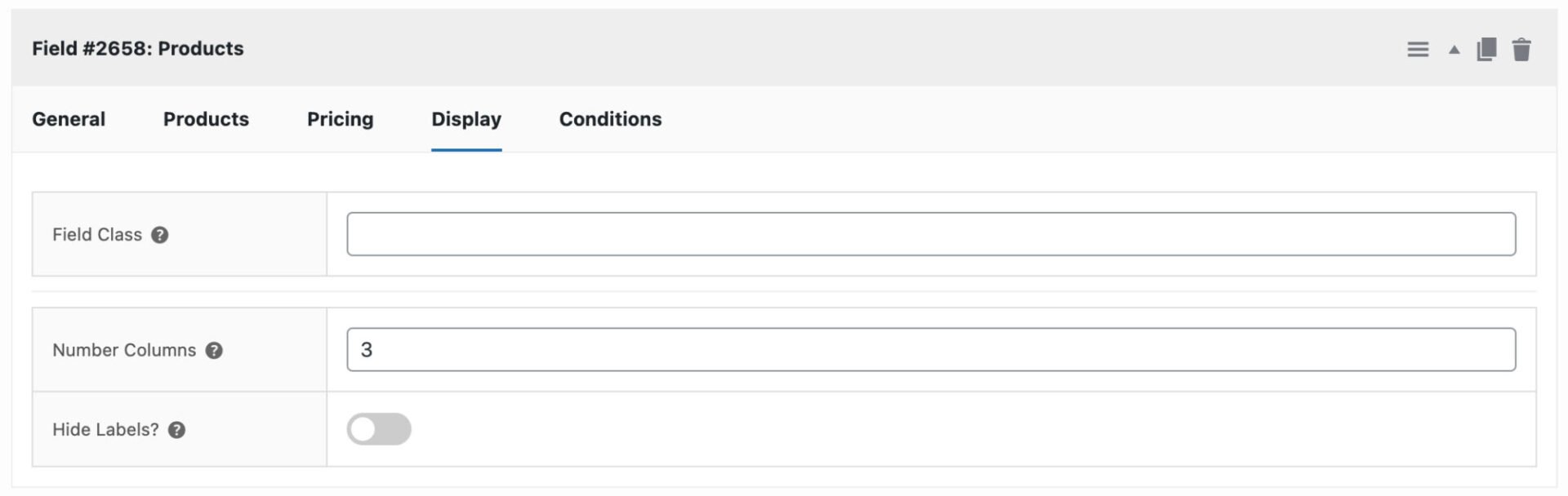 Products field Display tab