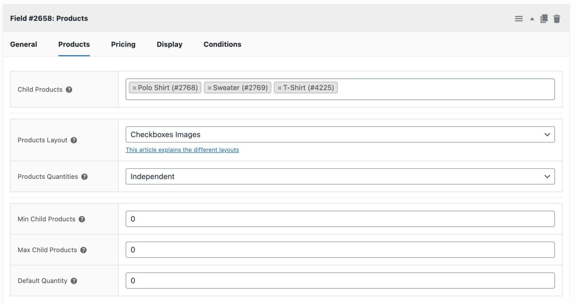 Products setting tab