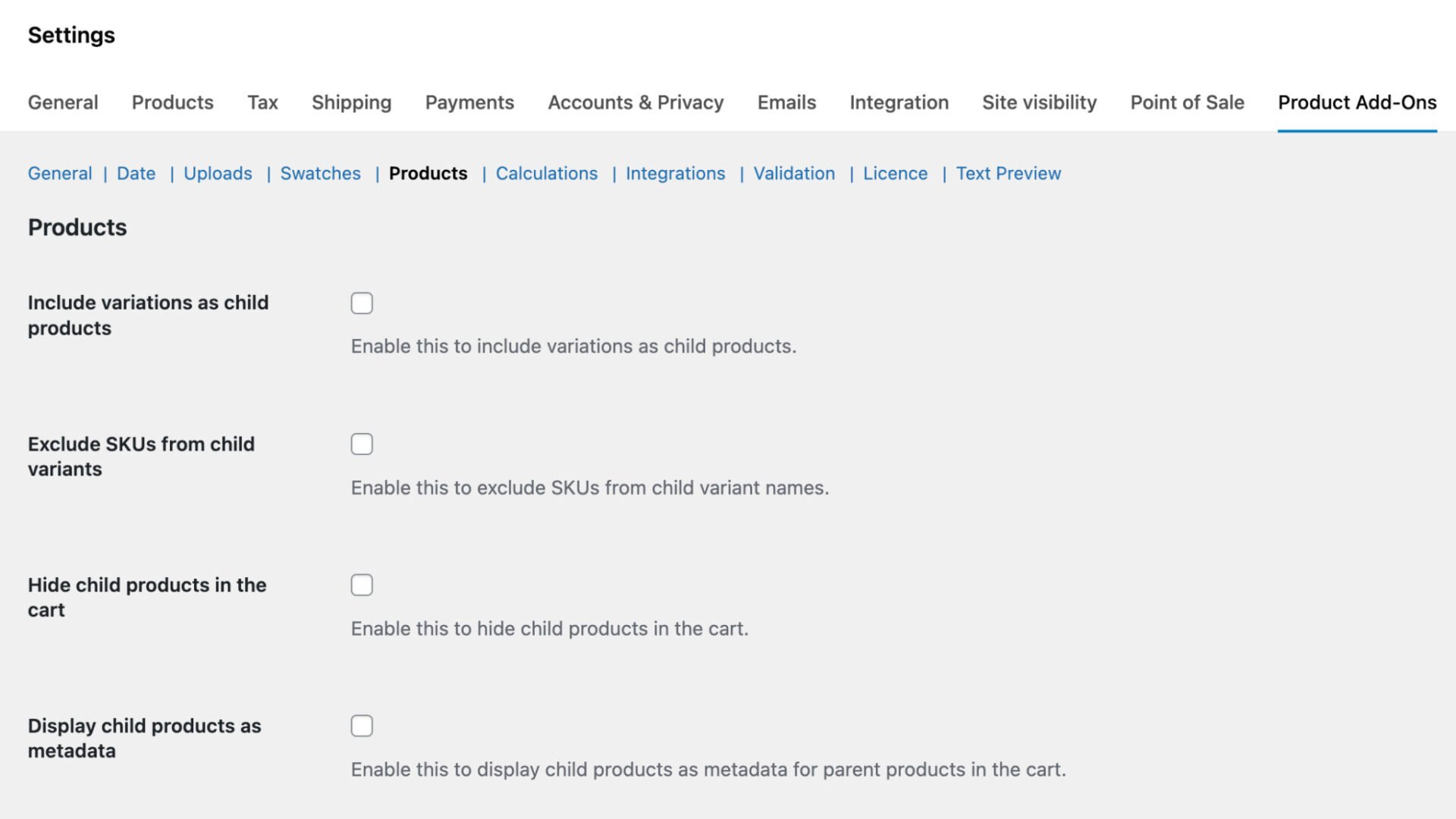 Global settings for Products fields