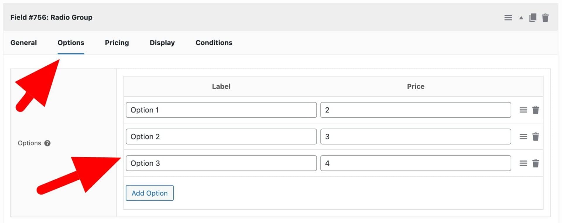 Radio group options tab
