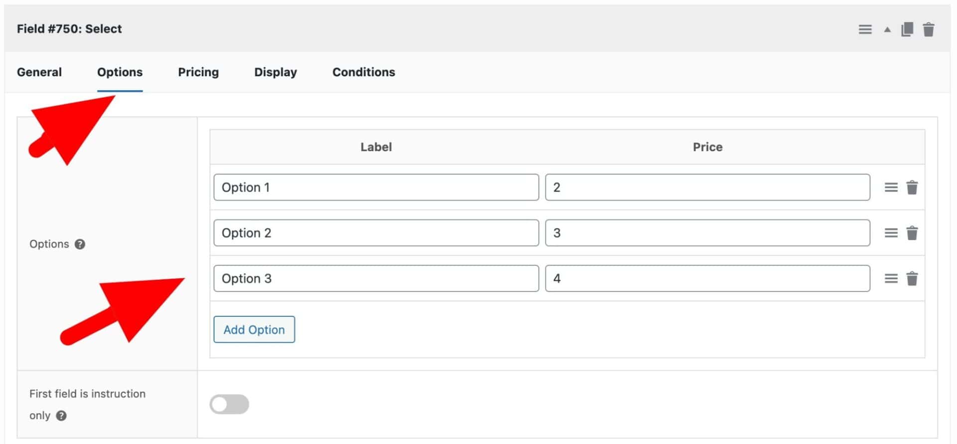 Select field options tab
