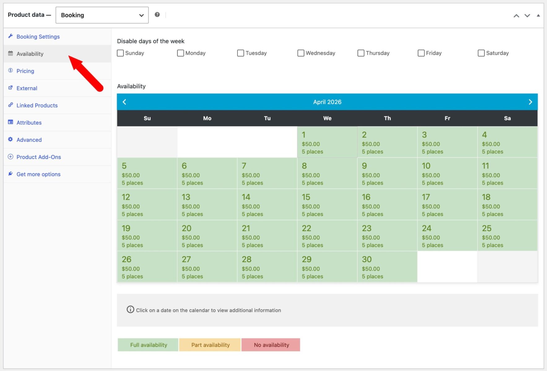WooCommerce bookings availability tab