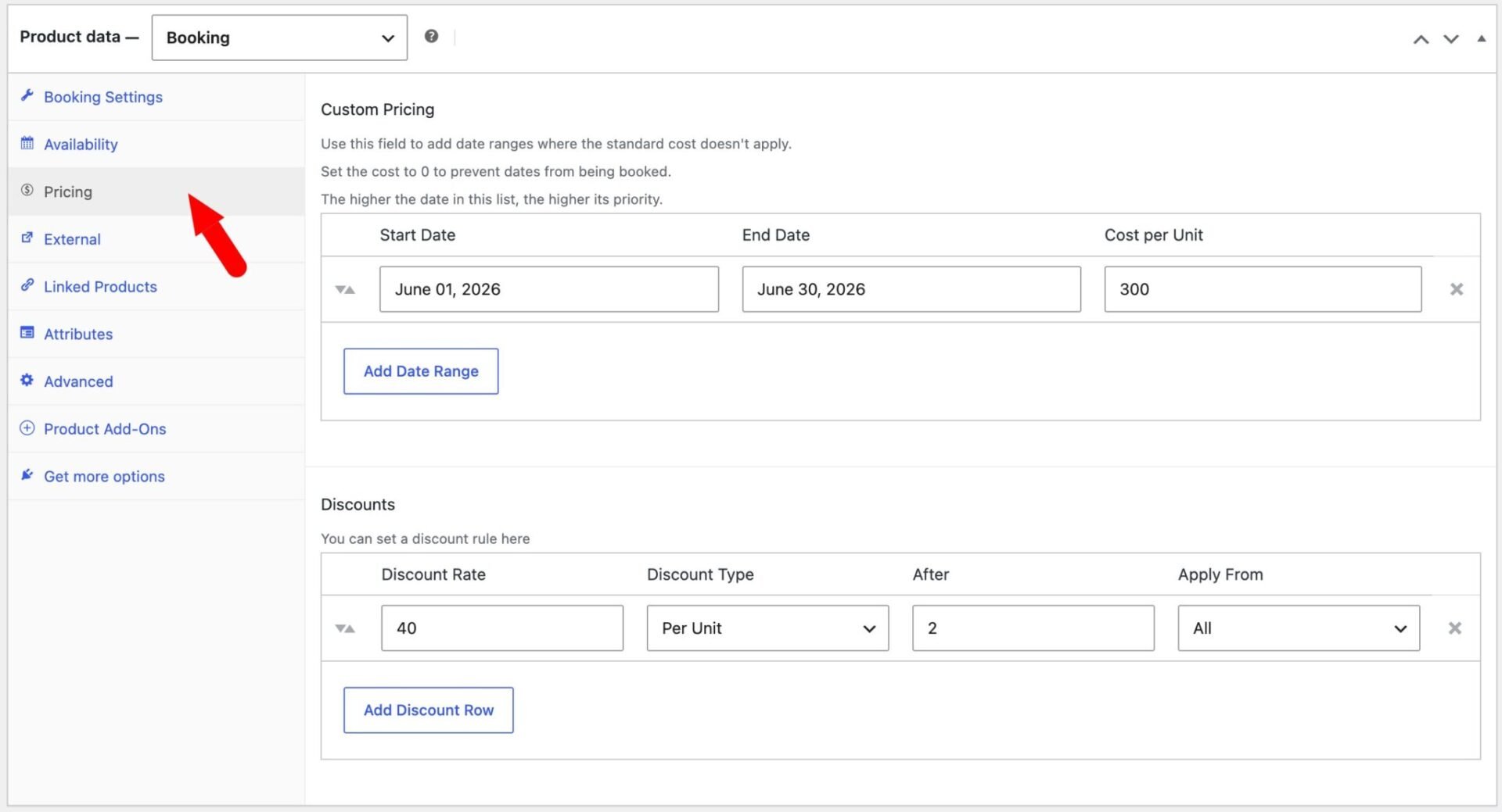 WooCommerce bookings pricing tab
