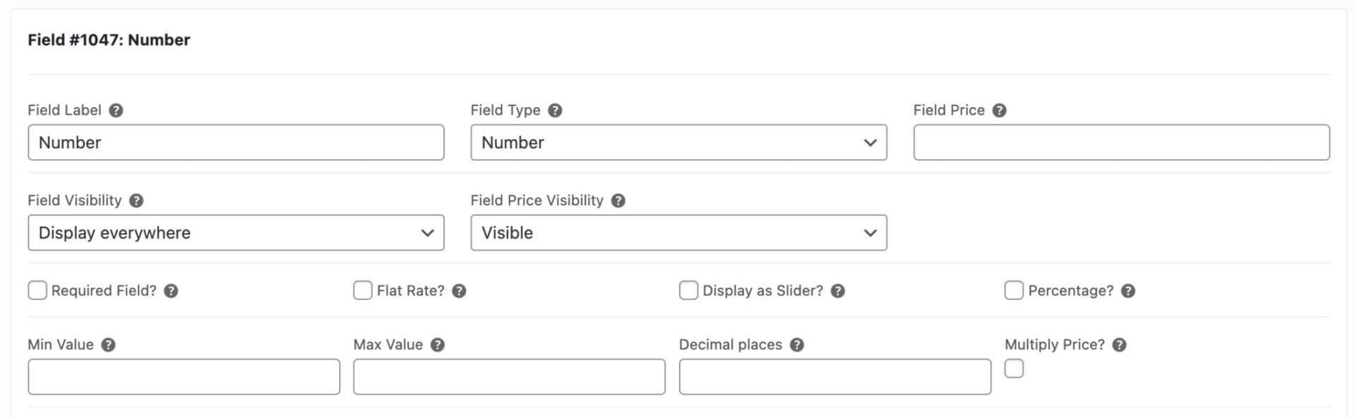 Settings for a number add-on field in WooCommerce