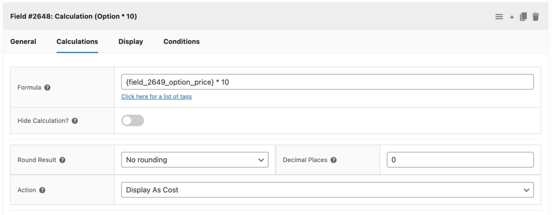 Calculation field settings