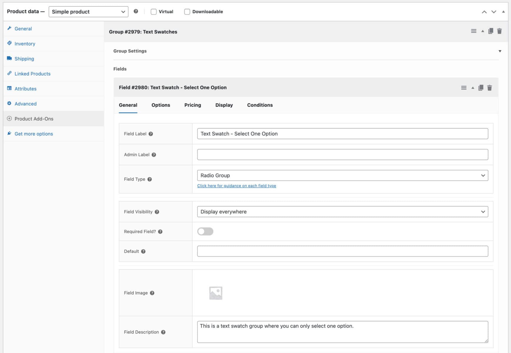 WooCommerce Product Add-Ons Ultimate field settings