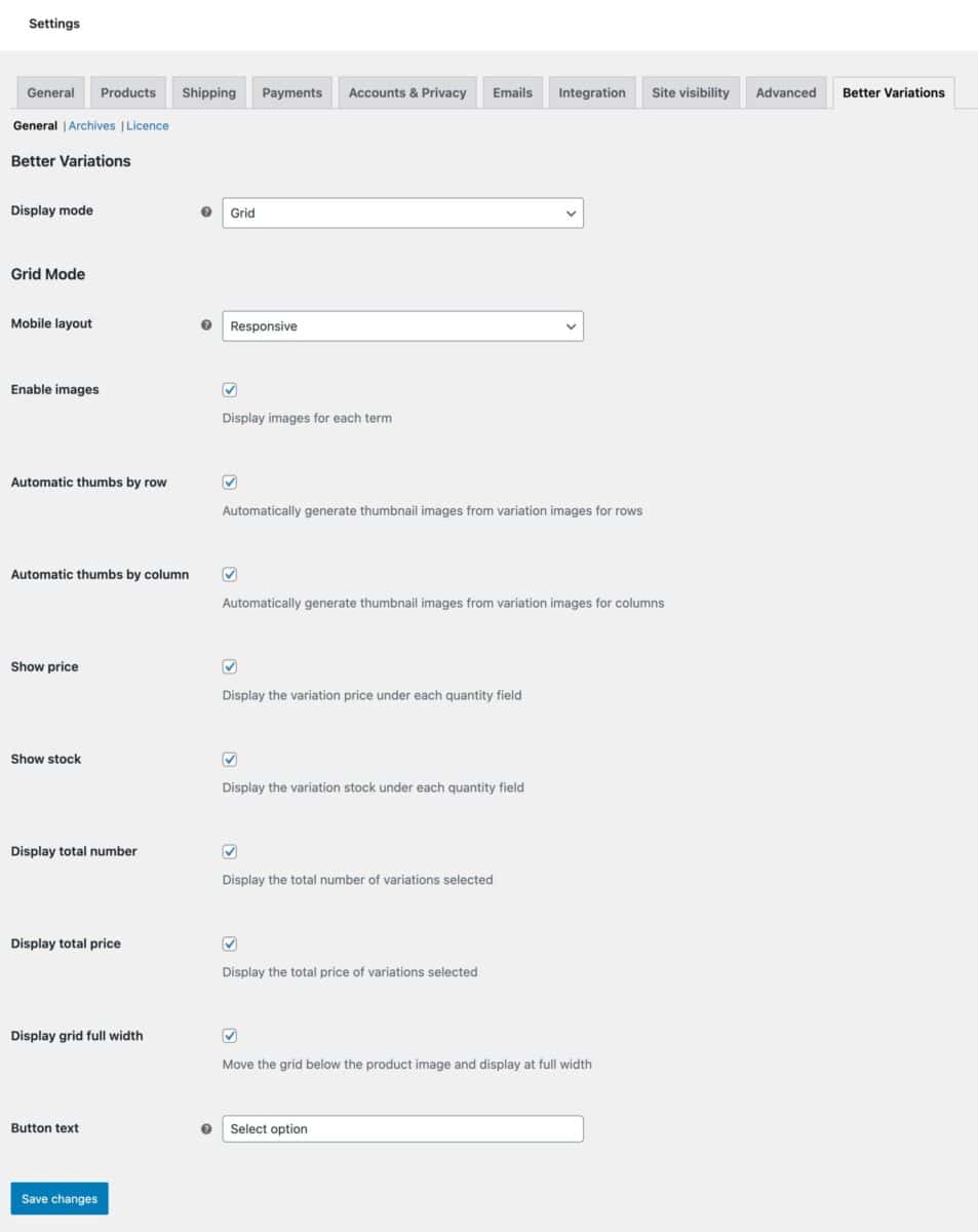 WooCommerce Better Variations grid mode settings