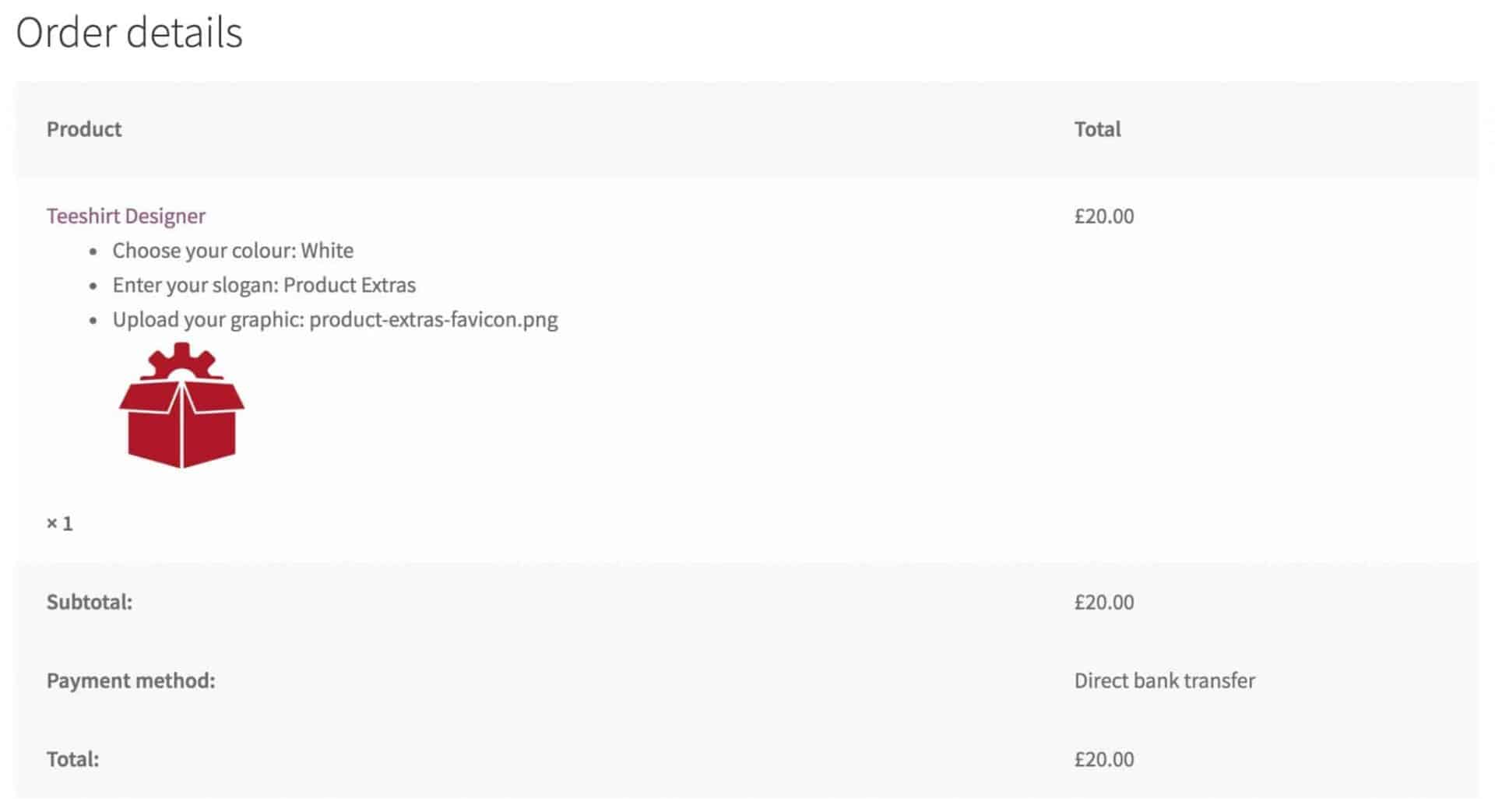 T shirt options in the order summary