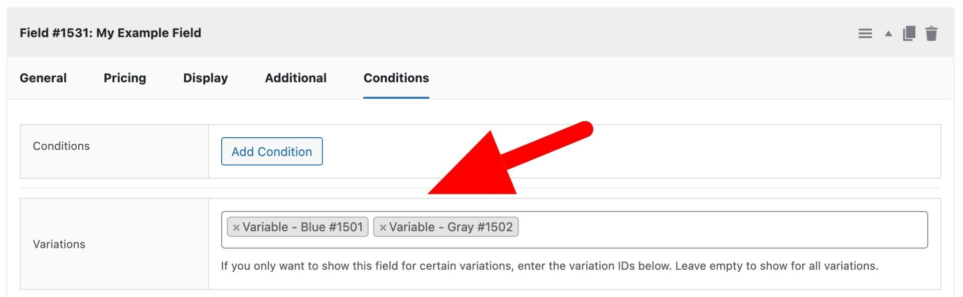 Variation specific fields setting