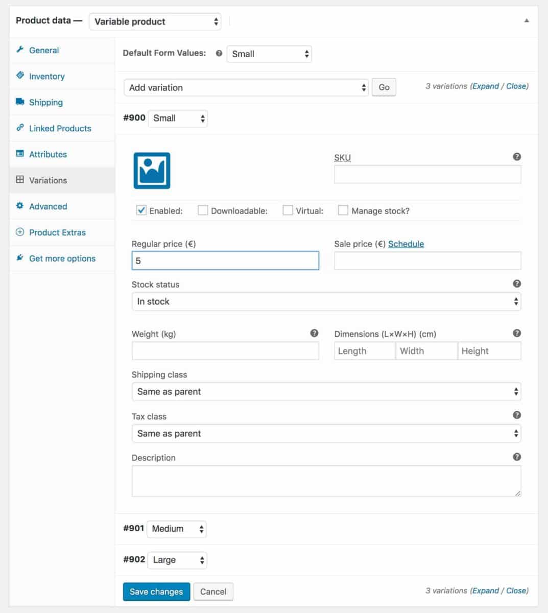 WooCommerce – setting variation parameters for variable products