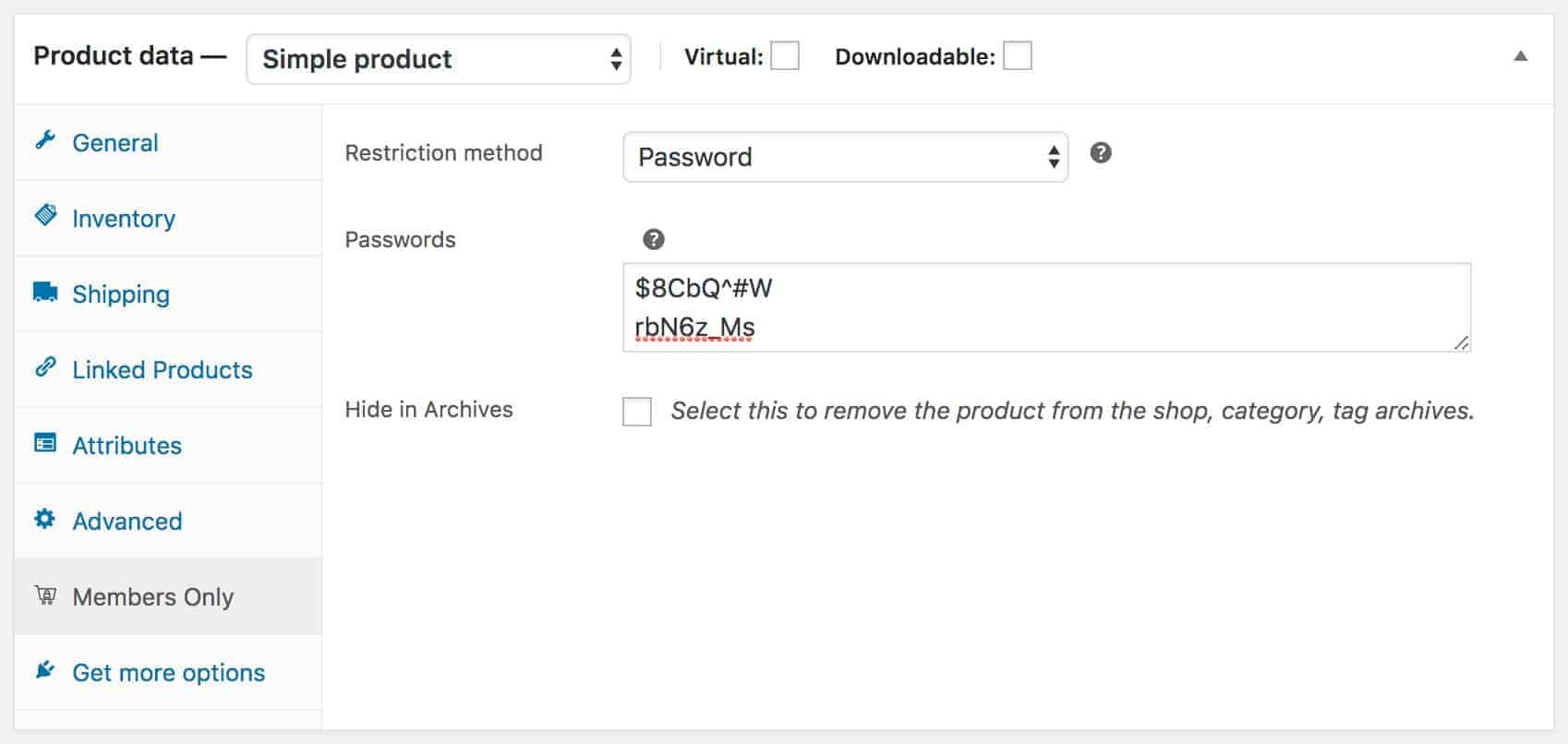 WooCommerce private product password field