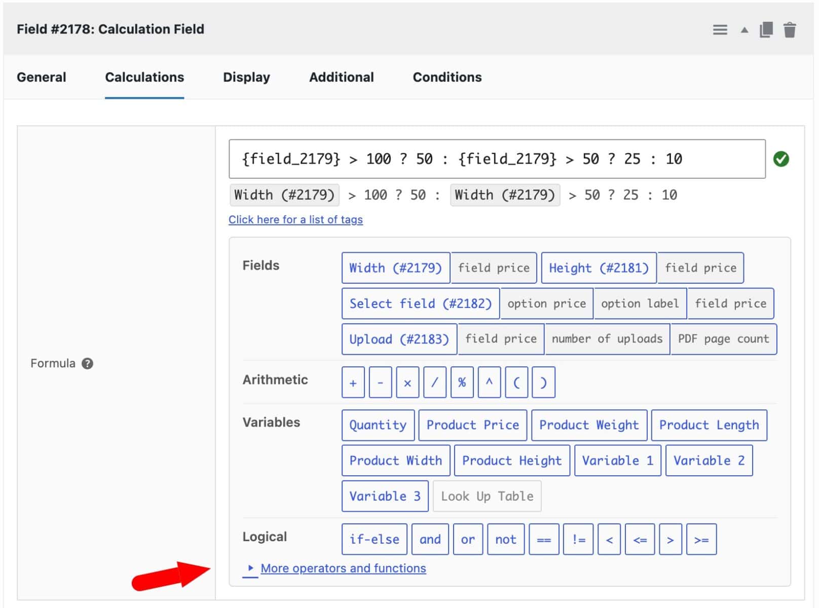 Collapsible toggle in calculation formula builder