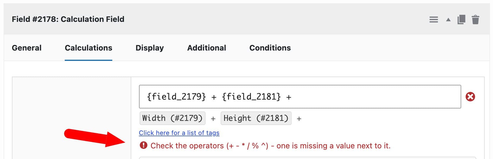 Live parser checks calculation field formula for possible errors