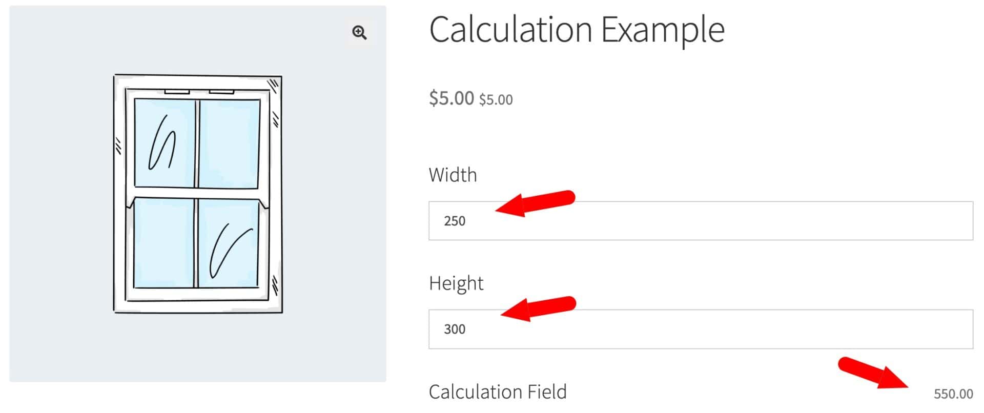 WooCommerce product page showing simple calculation field example