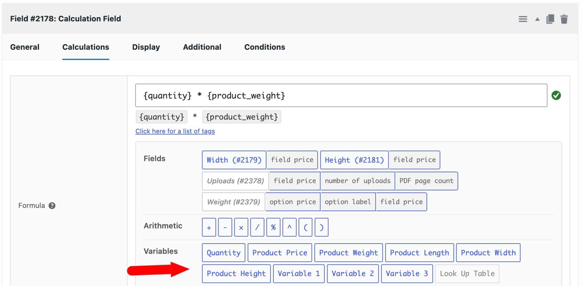 Variables in the calculation formula field