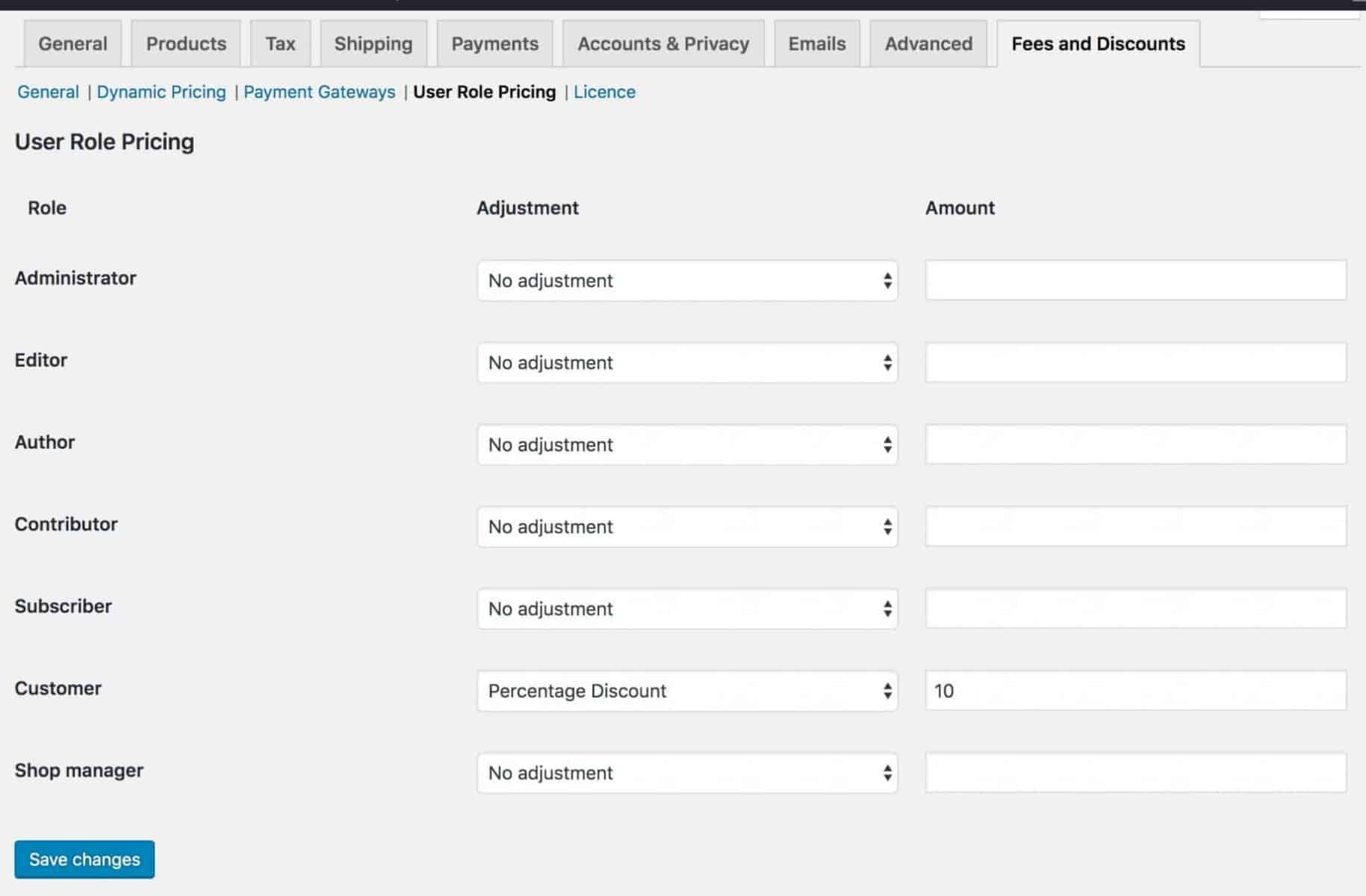 The User Role Pricing screen within WooCommerce.