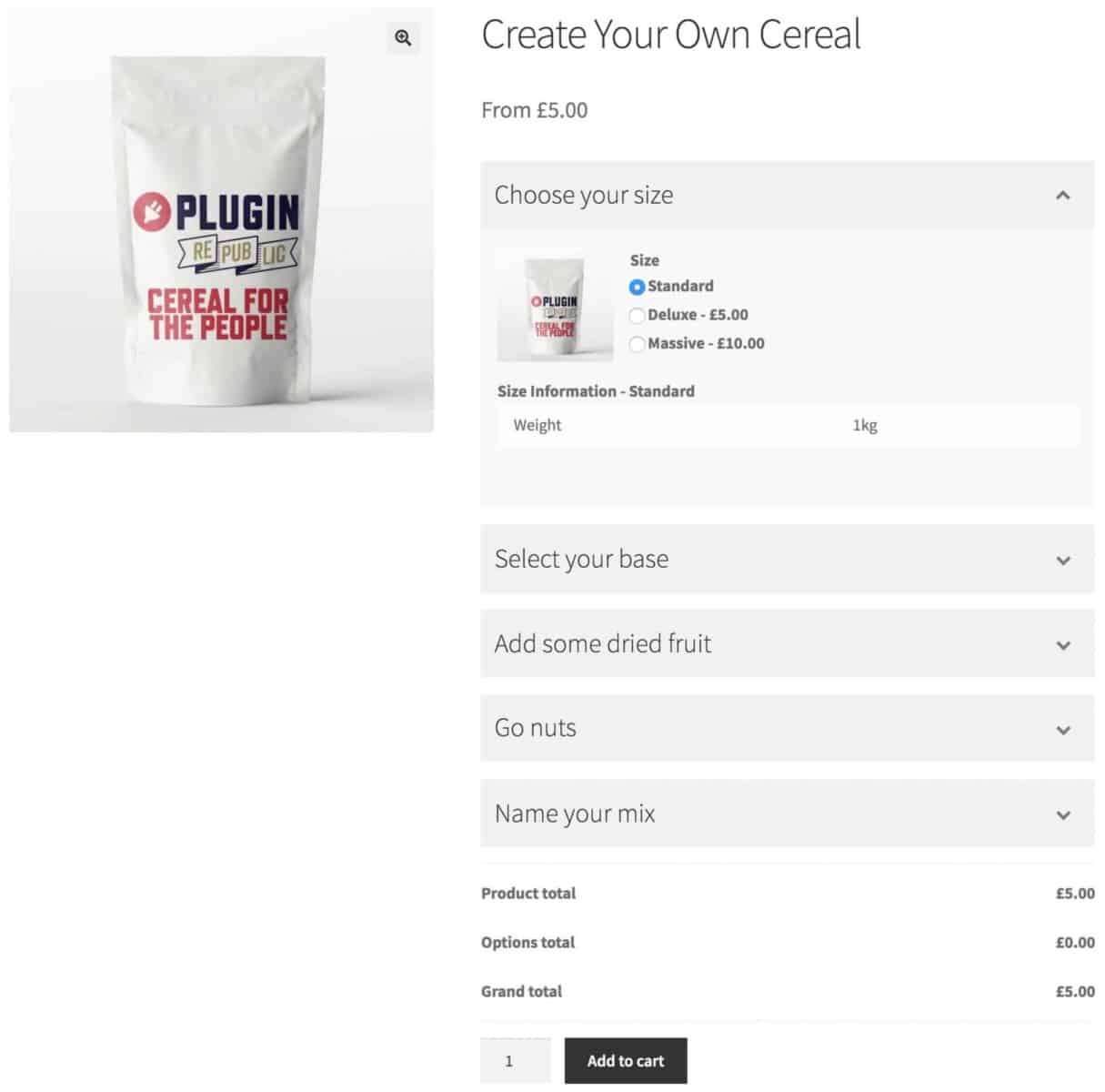 WooCommerce 'create your own cereal' product