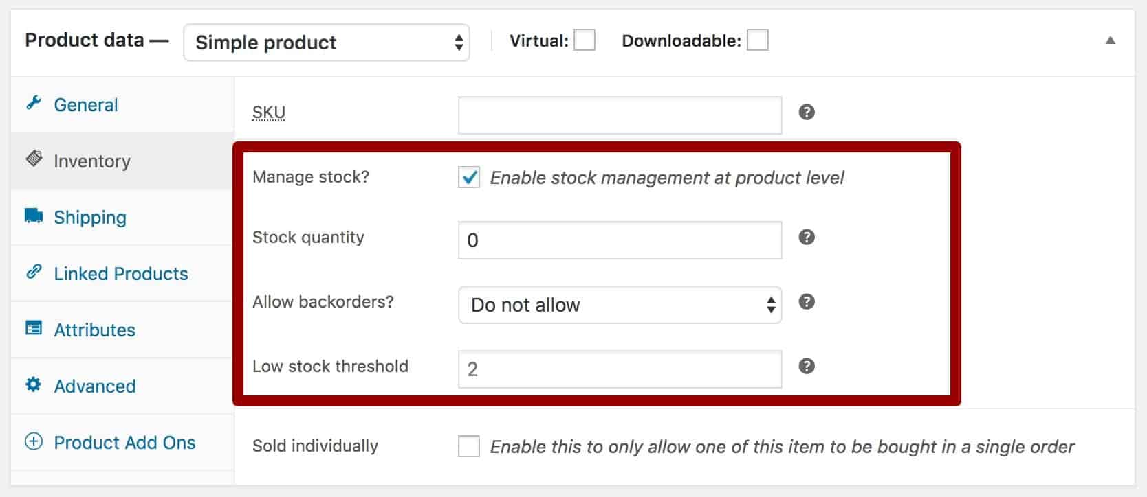 WooCommerce product manage stock option selected