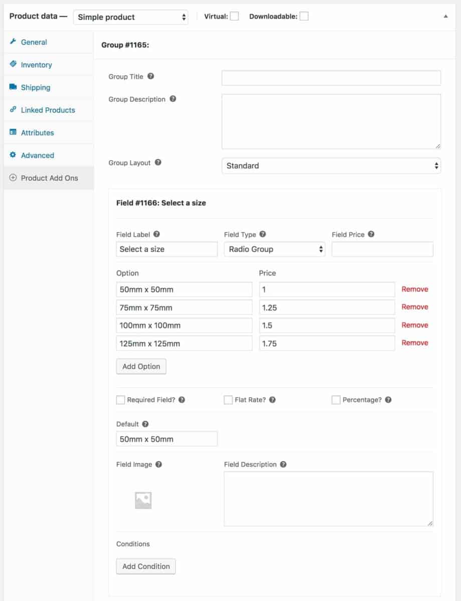 WooCommerce stickers product 'select a size' field