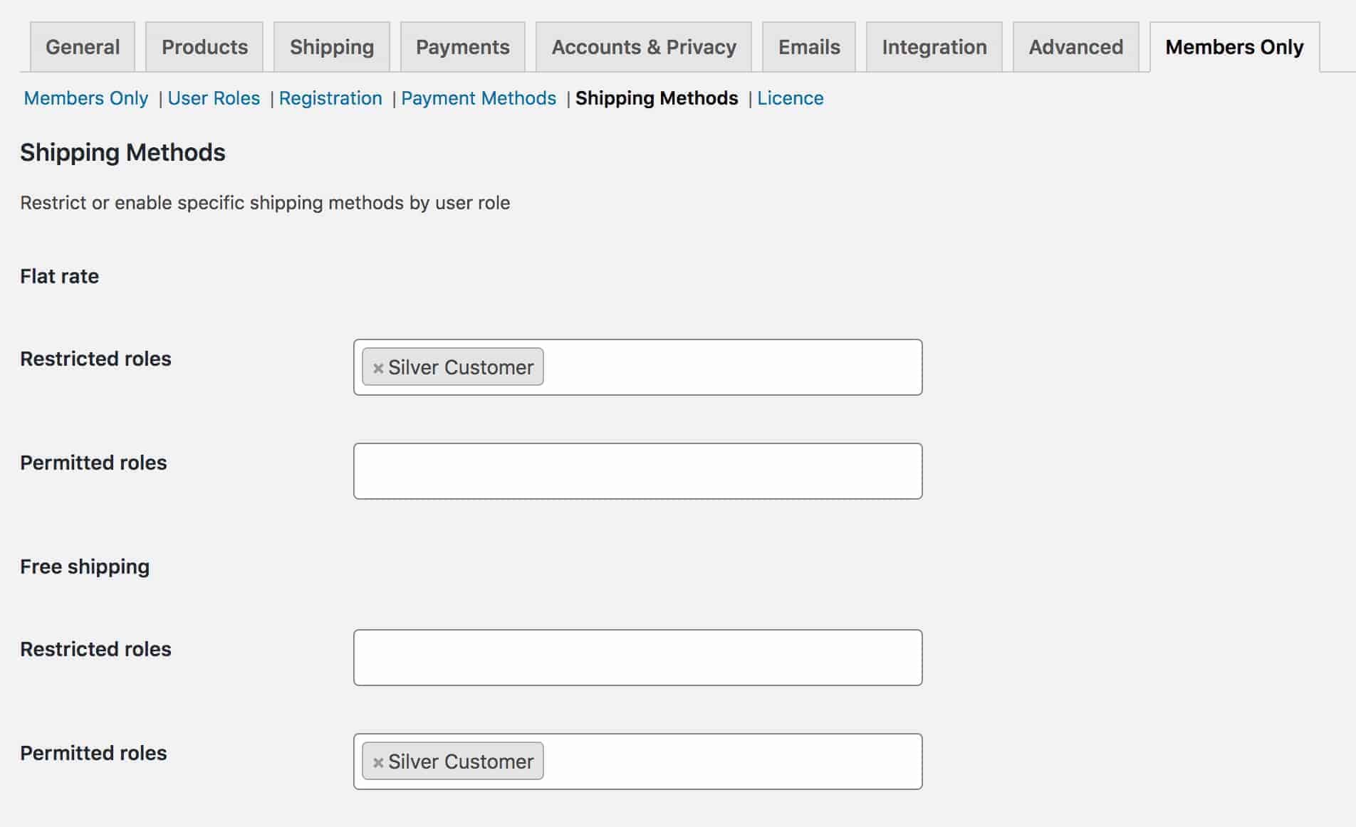 Shipping methods by user role