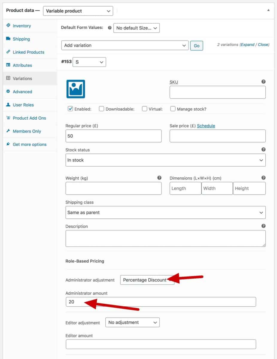 Role-based variation pricing rules