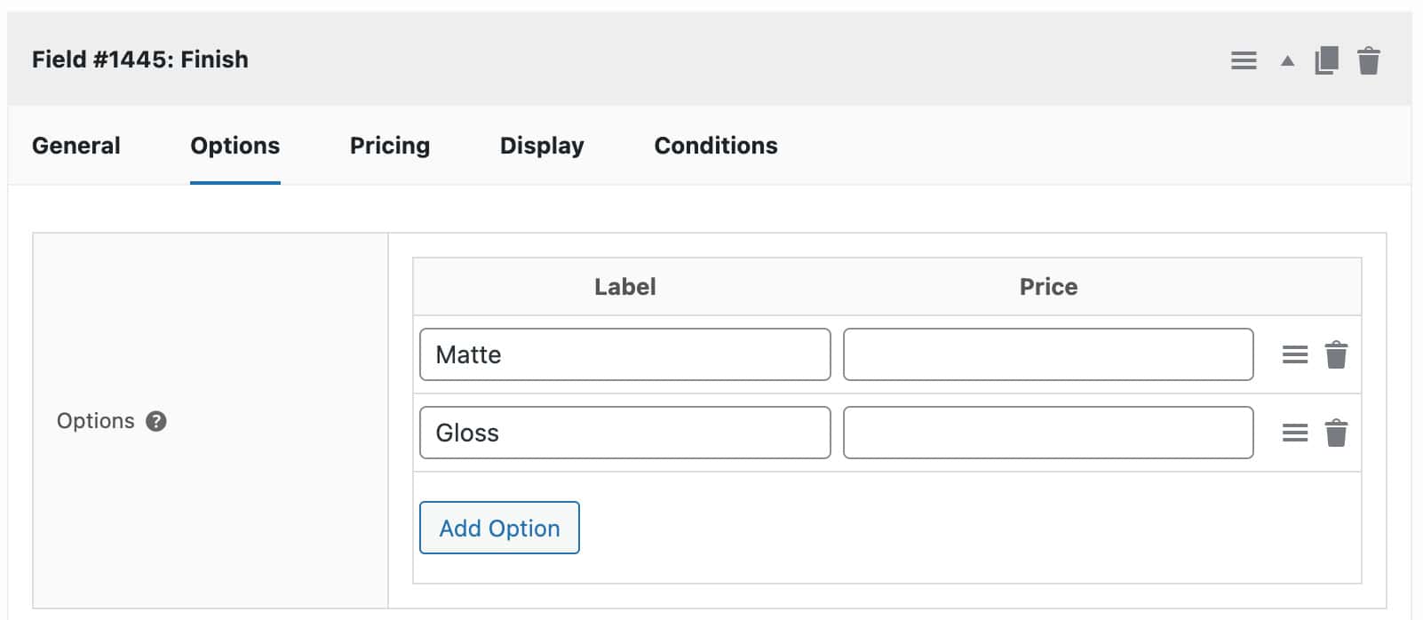 Radio group options for print shop product