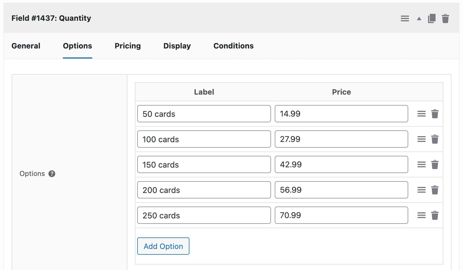Label and price options for quantity field