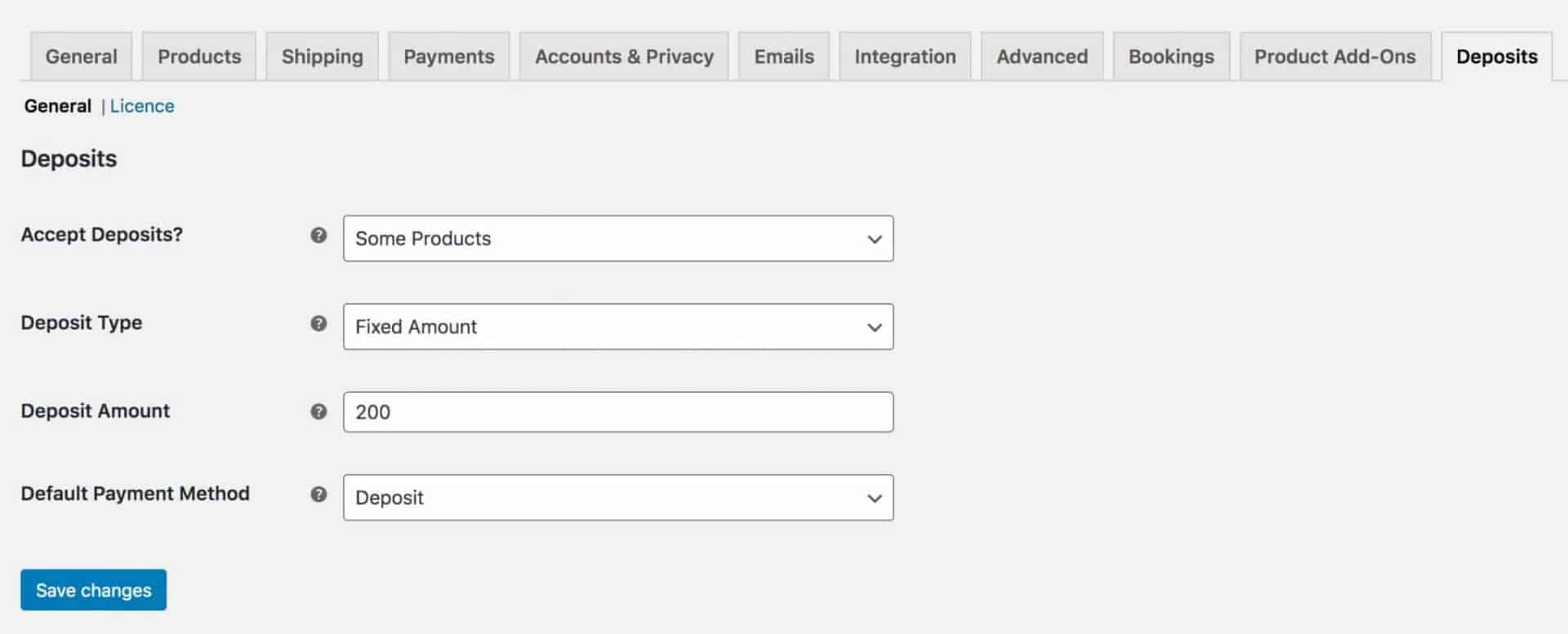 WooCommerce bookings deposits settings