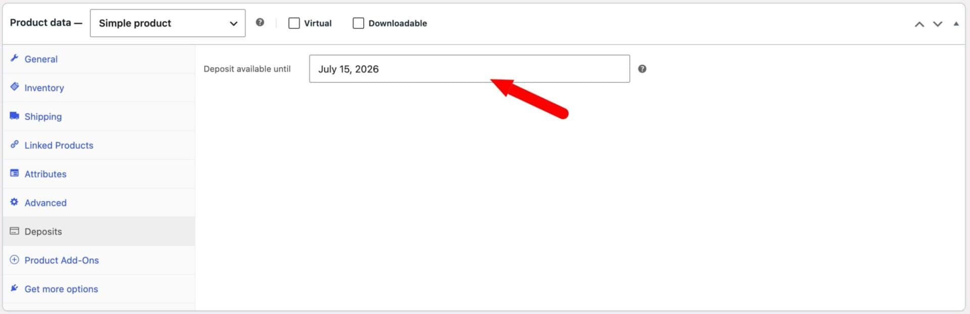 WooCommerce deposits expiry date