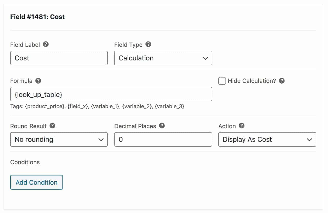 WooCommerce look up table calculation