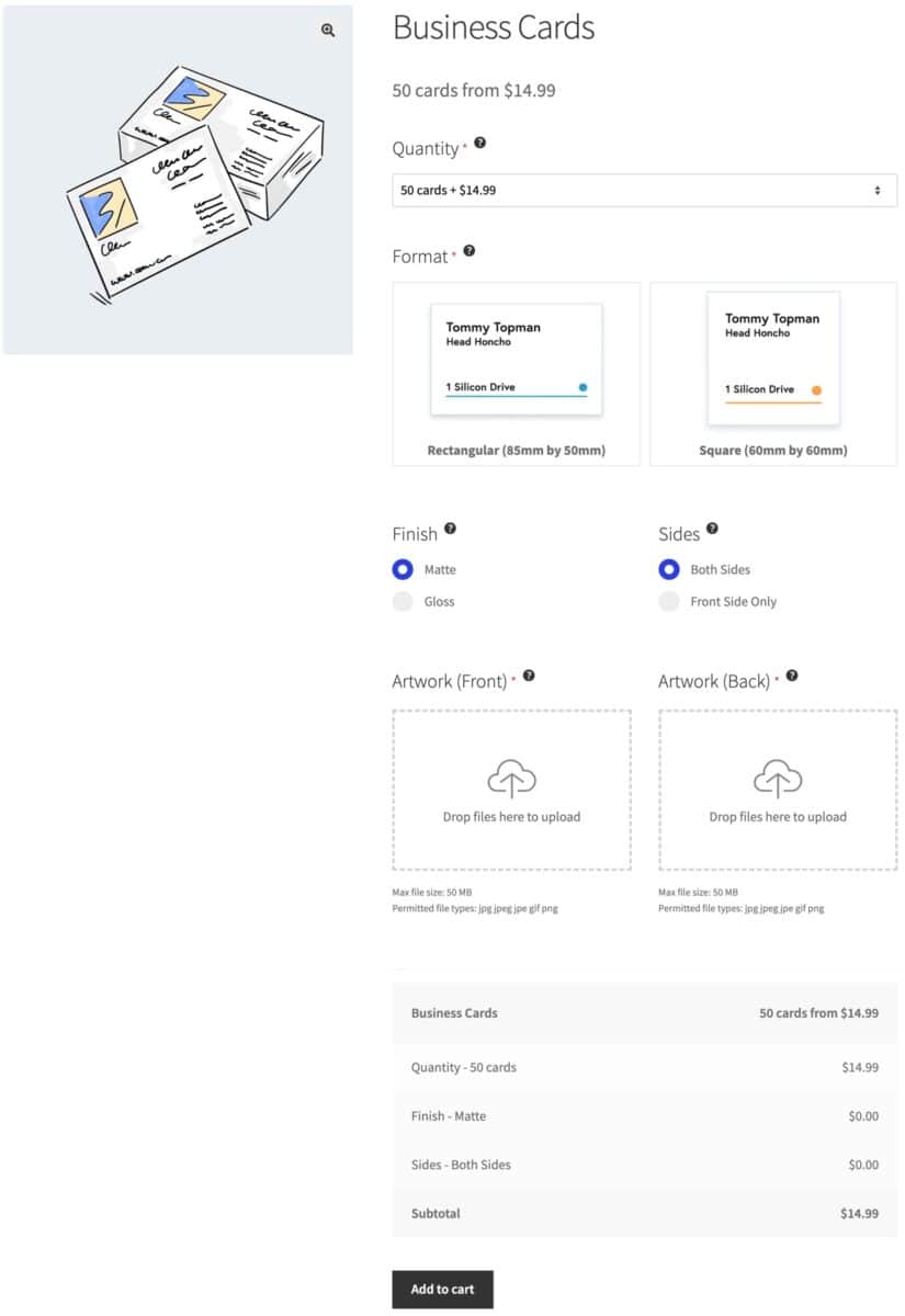 WooCommerce business cards product for print shop