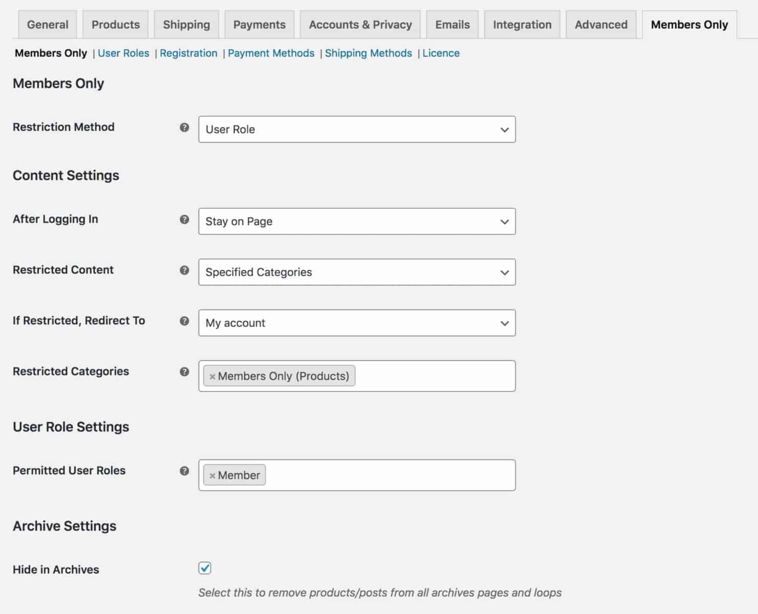 WooCommerce wine club settings