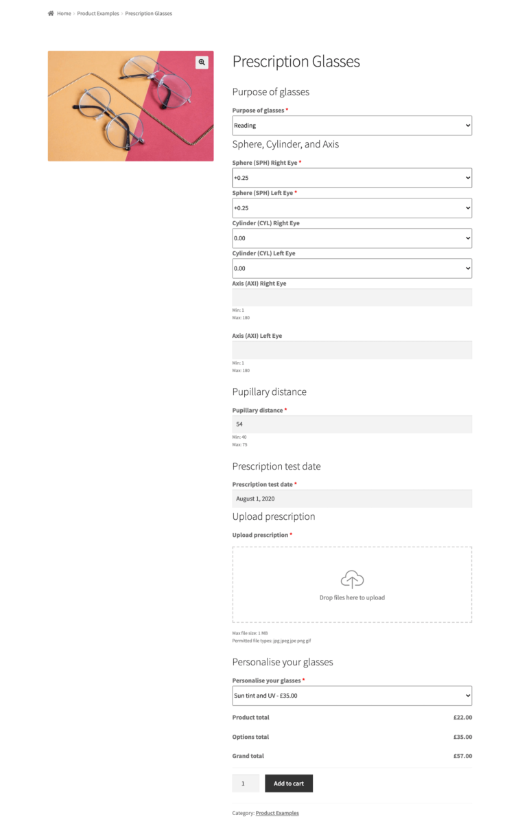 Prescription glasses product on WooCommerce online opticians store