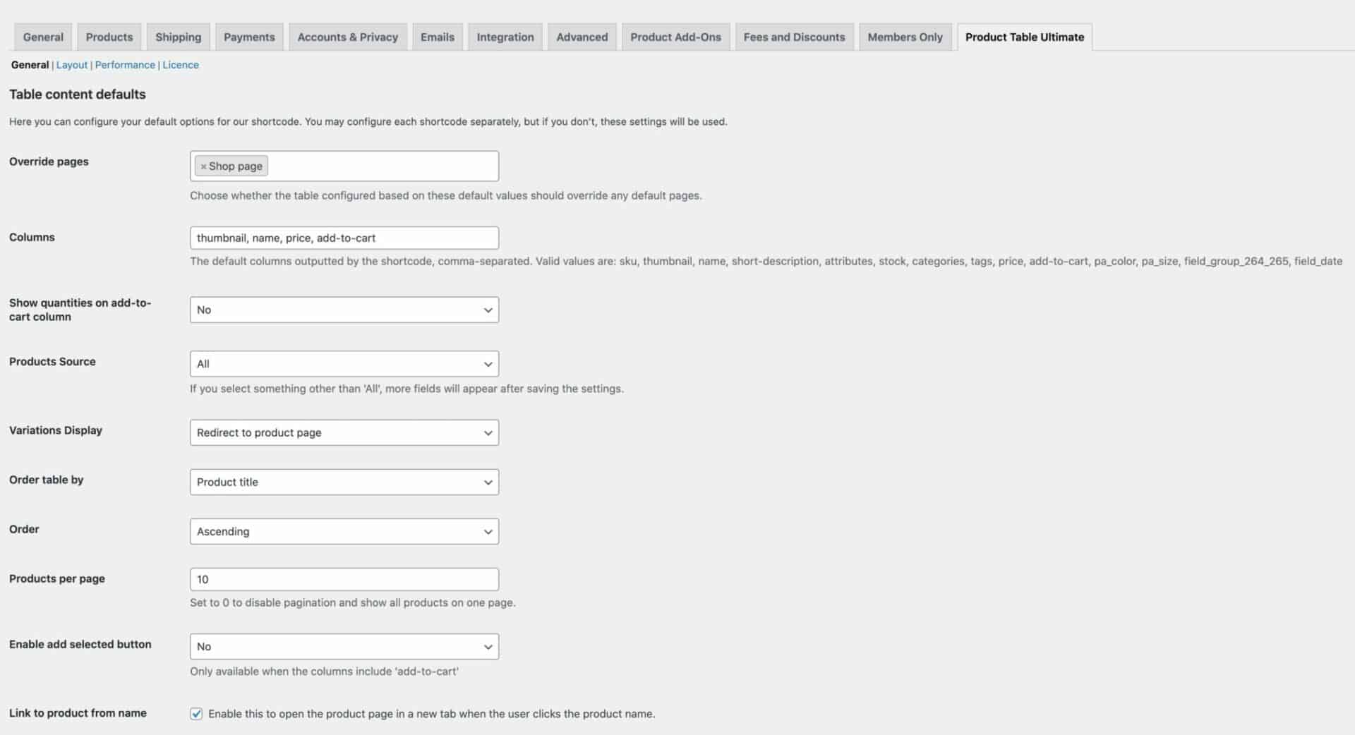 Product Table Ultimate settings