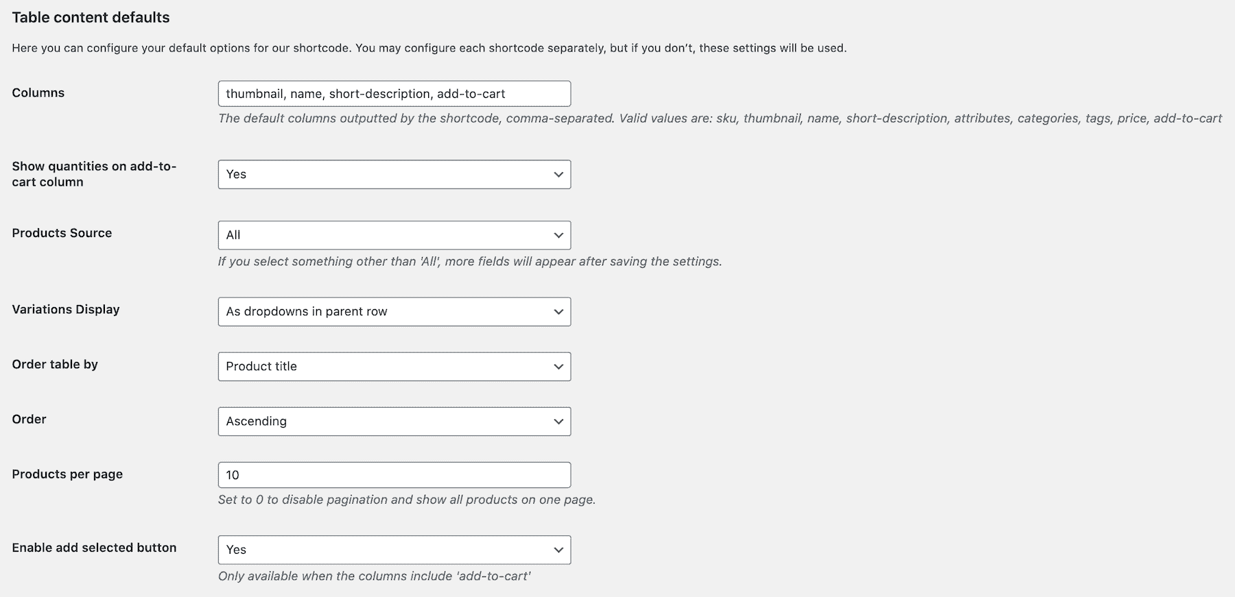 WooCommerce Product Table Ultimate settings