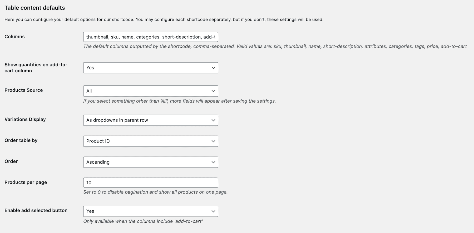 Bulk order form settings