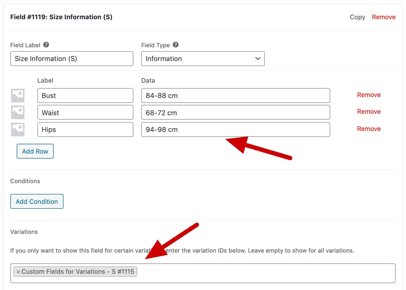 Variation specific custom fields