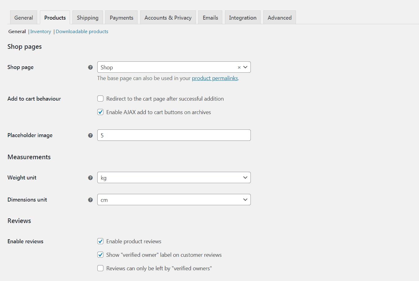 The WooCommerce Settings screen.