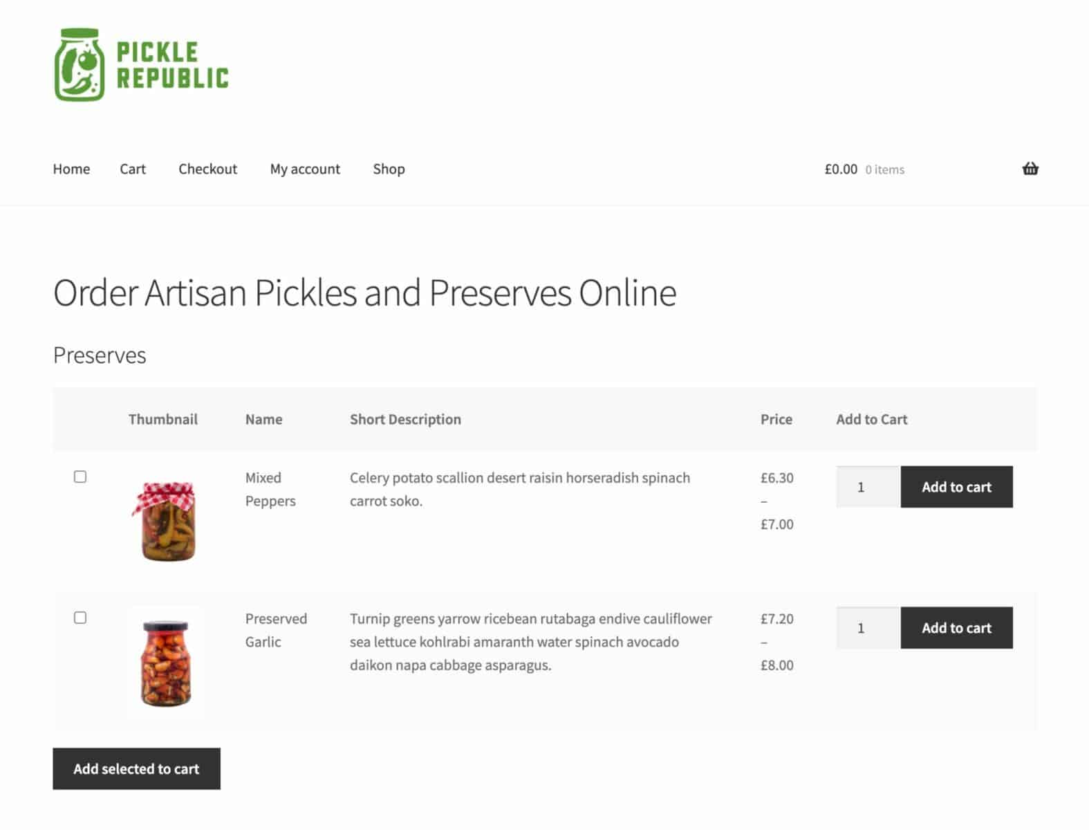 WooCommerce table layout for food products