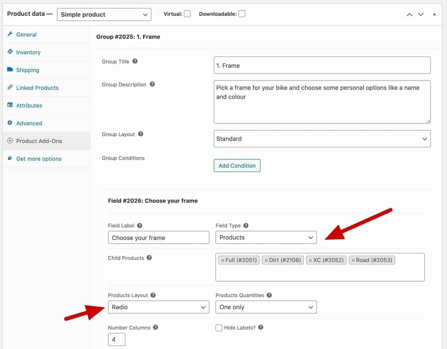 Product Add-Ons group products settings - field type and products layout 