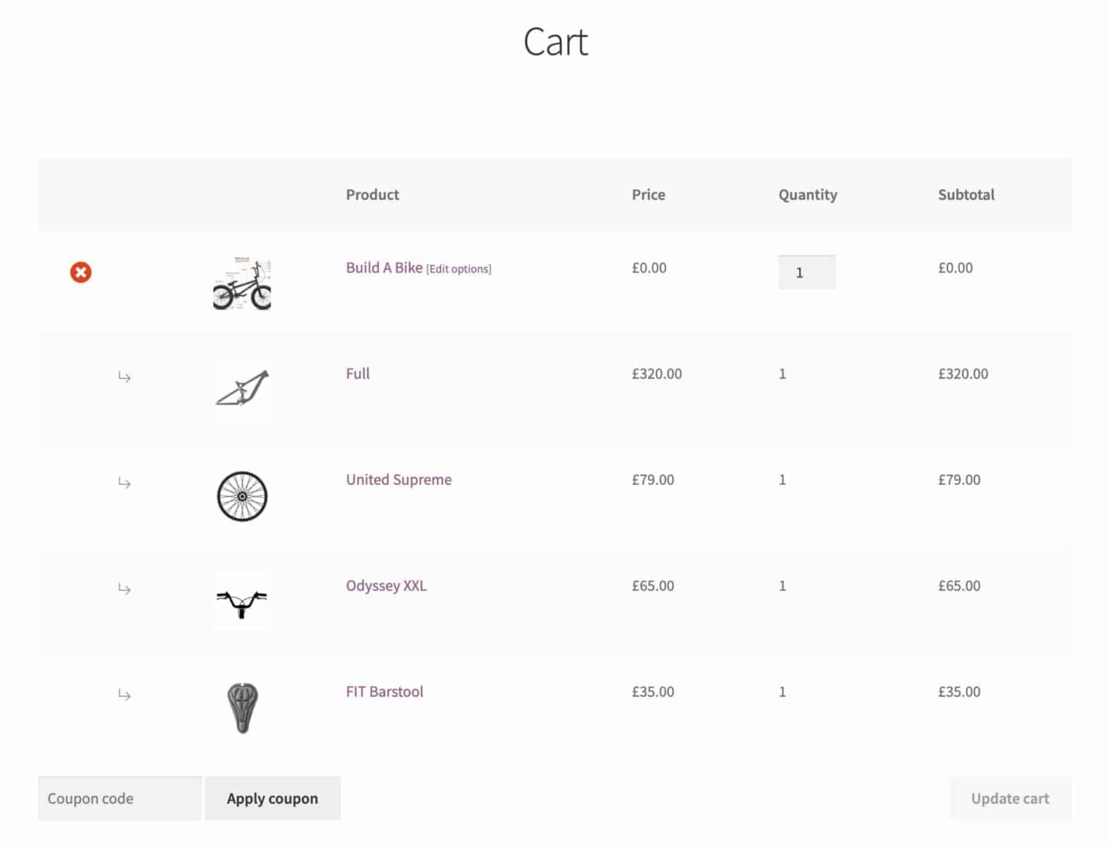 Example of composite products in the cart listed as separate products