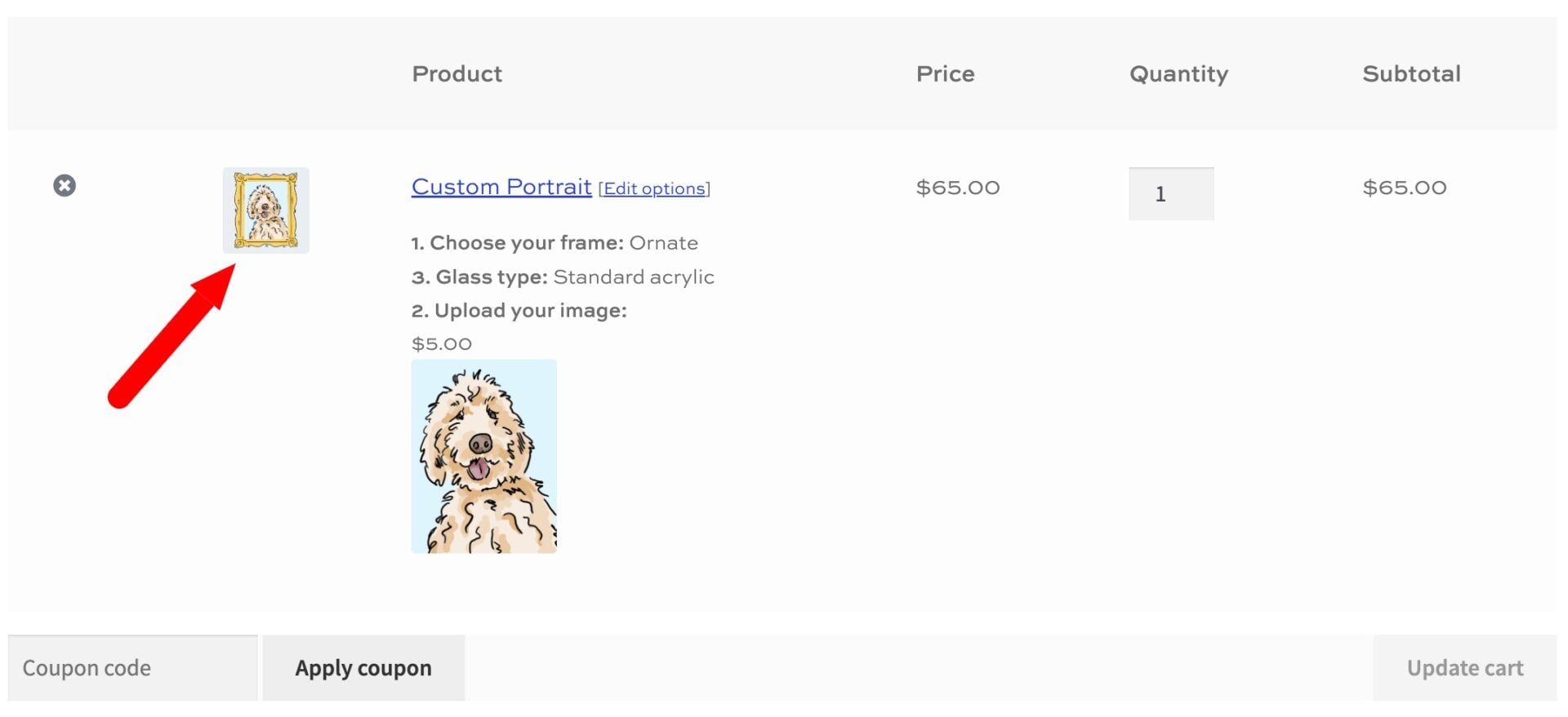Screenshot of WooCommerce cart showing composite image thumbnail